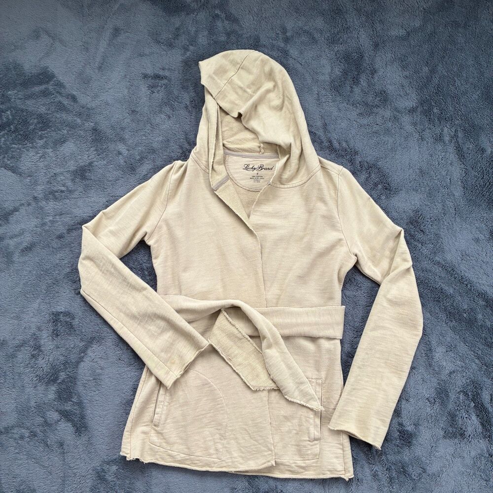 Lucky Brand Lotus Cardigan Womens S French Terry Beige Belted Hooded Wrap Jacket